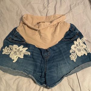 Indigo Blue Women's Denim Shorts with White Lace